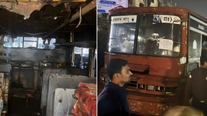 দাঁড়িয়ে থাকা বাসে আগুন, লাফিয়ে বাঁচলেন চালক