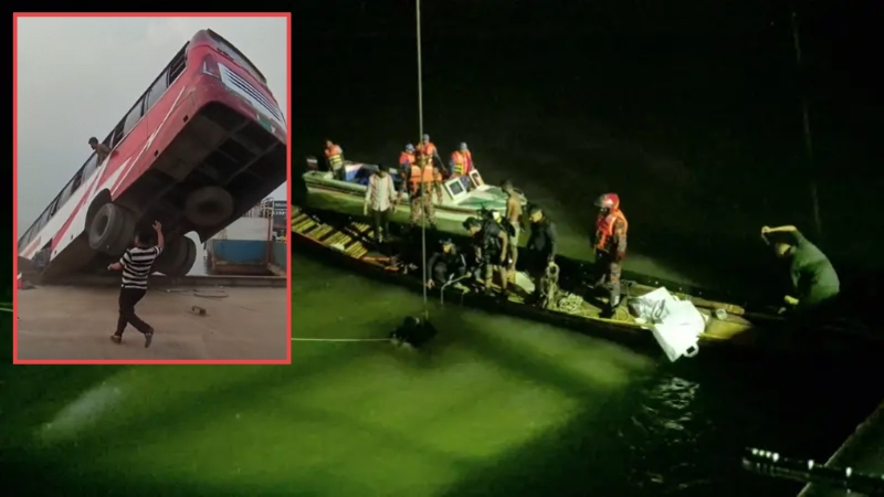 প্রায় সাড়ে ৫ ঘণ্টা পরও দৃশ্যমান হয়নি পদ্মায় ডুবে যাওয়া বাস